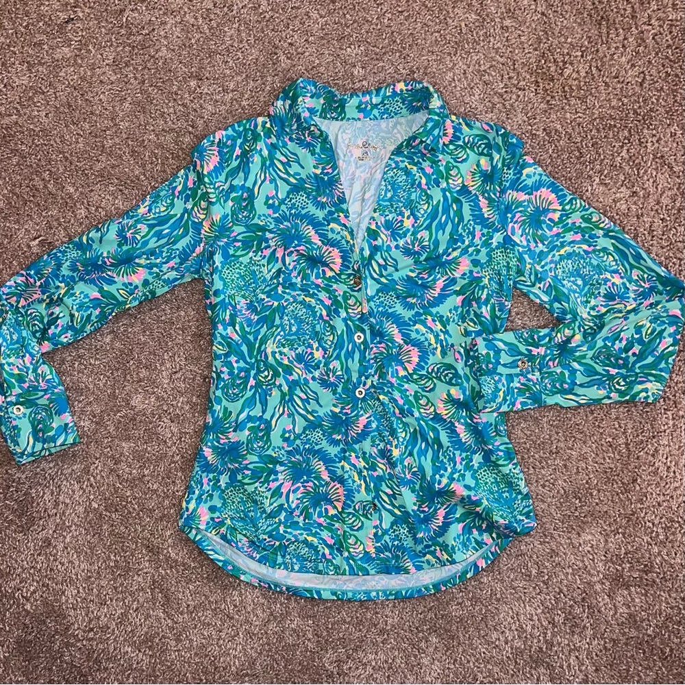 Lilly Pulitzer Button-Down Long Sleeved Collared Blouse - Turquoise, XS